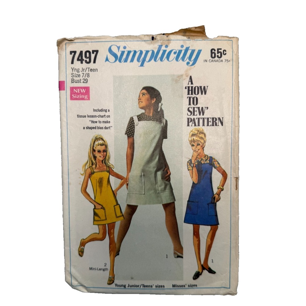 VTG 1960s Simplicity 7497 Sewing Pattern Shift Dress Mini/Jumper Size 7/8 Cut